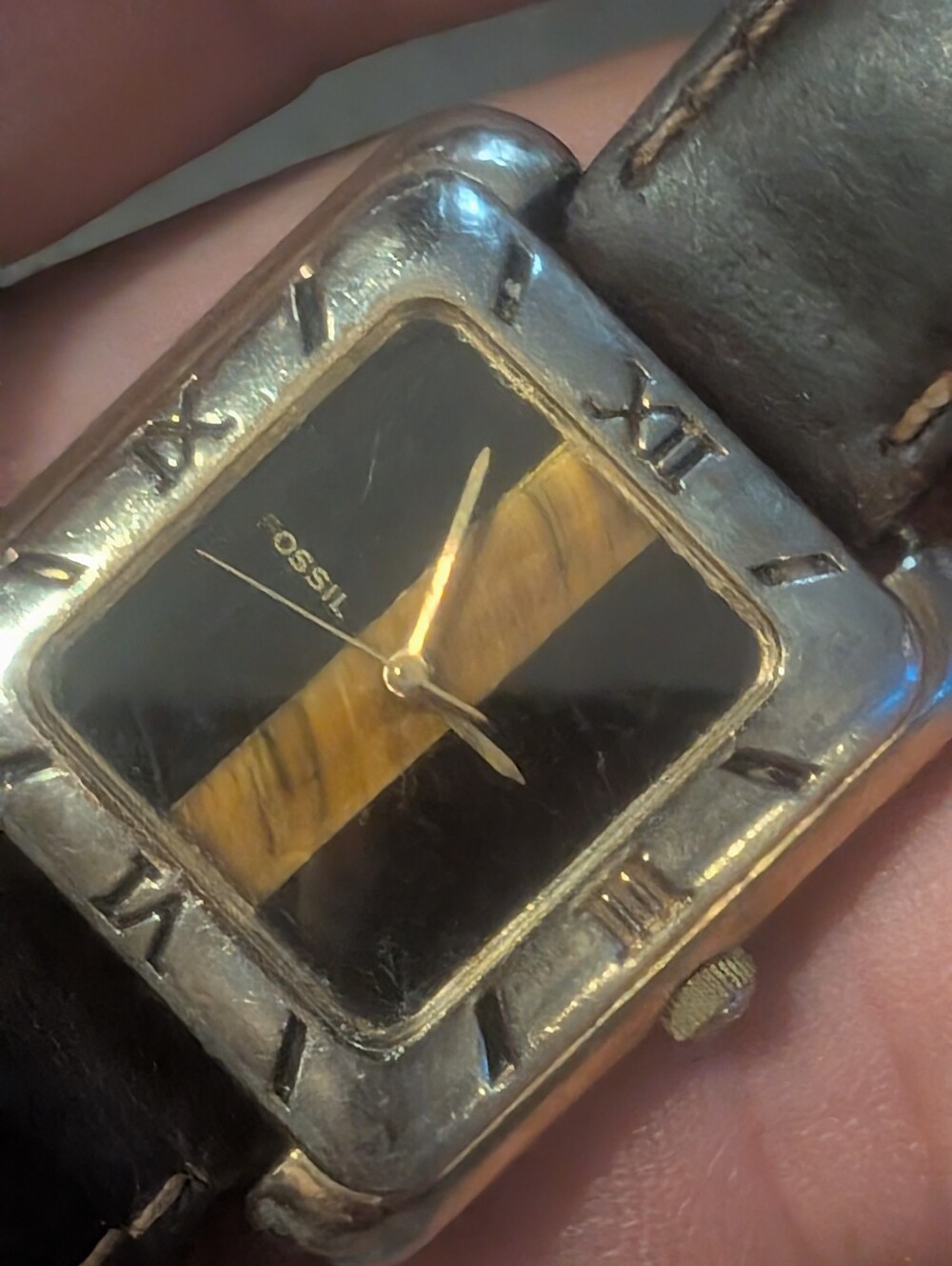 Vintage Fossil Women’s Black and Brown Rectangle Leather Strap Watch